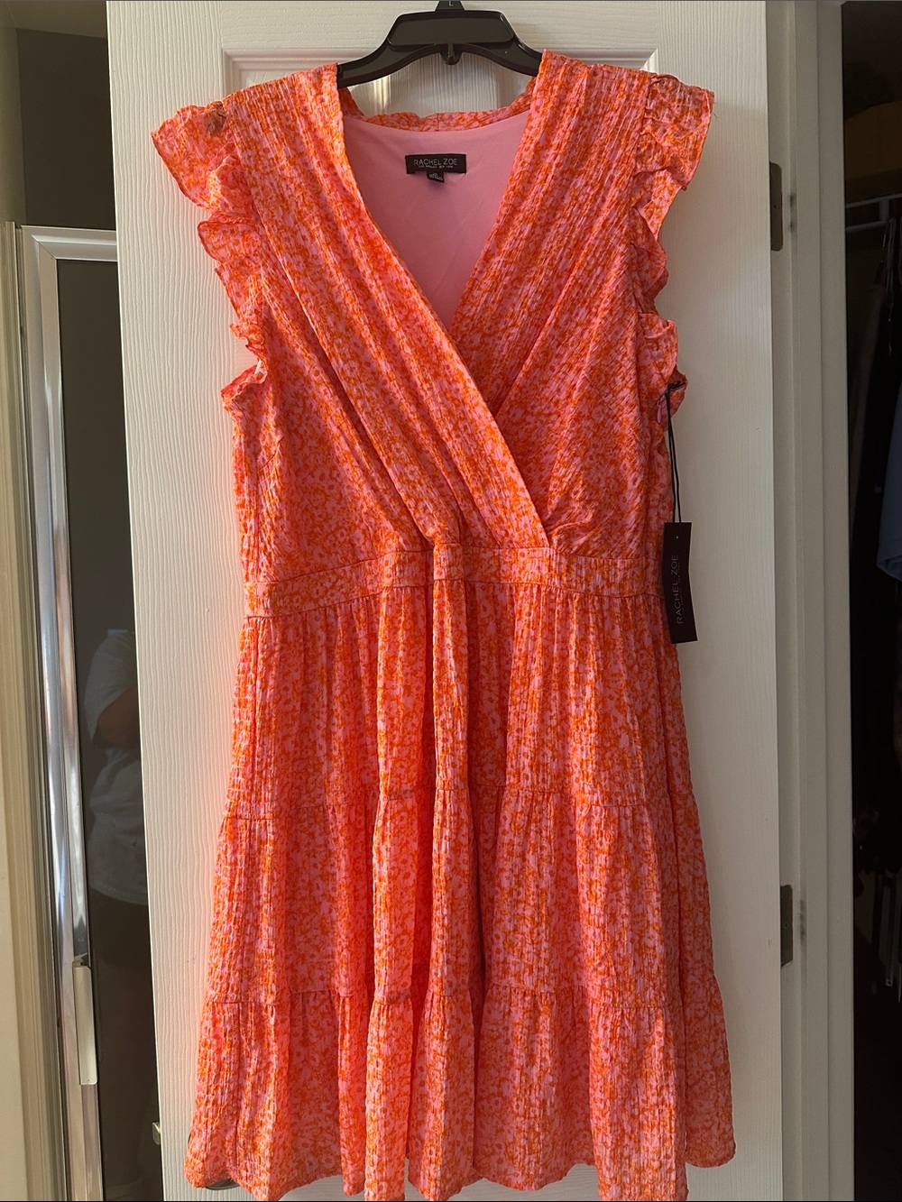 Rachel Zoe Coral-Orange Floral Wrap Tiered Mini Dress